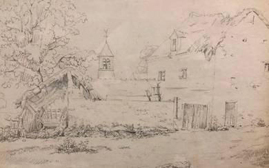 Théodore ROUSSEAU (1812-1867) Village au clocher Dessin au crayon Signé des initiales en bas à...