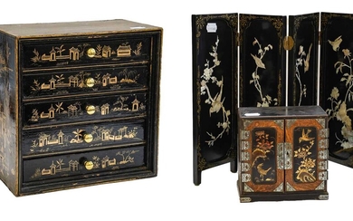 A Japanese lacquer and gilt miniature chest of five...