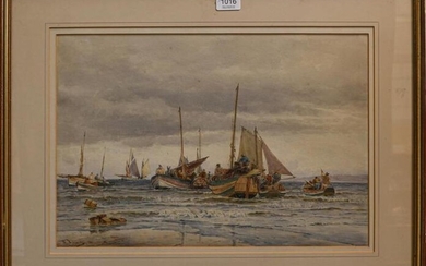 Thomas Bush Hardy (1842-1897) ''Landing fish at Scarborough'', signed, inscribed...