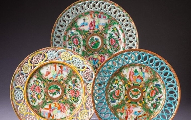 Three Chinese Rose Medallion Reticulated Plates.