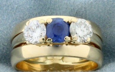 Three Stone Sapphire and Diamond Engagement or Anniversary Ring in 14k Yellow Gold