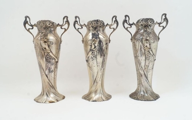 Three WMF Art Nouveau figural pewter vases, 20th century, lacking glass liners, designed with a maiden to each side emerging from the body, with stamps to underside, each approximately 36cm high (3)
