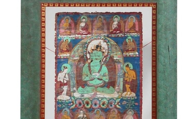 Tibetan Thangka in a polychrome decorated frame