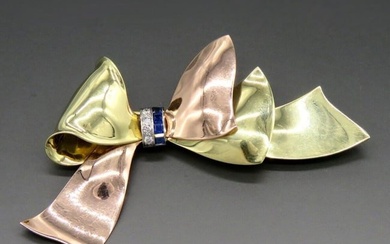 Tiffany Co Retro 2 Tone 14K Yellow Rose Gold Diamond Sapphire Ribbon Bow Brooch