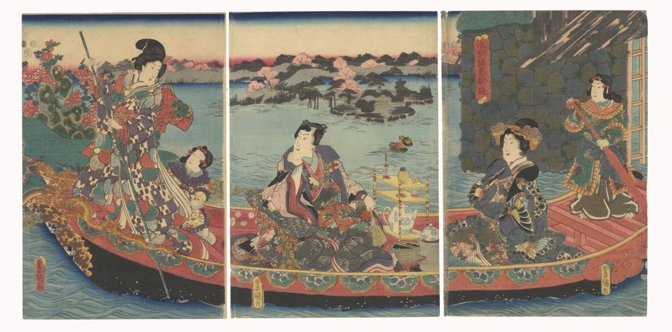 Toyokuni III Utagawa, Beauties, Boat, Green Tea, Triptych, E...