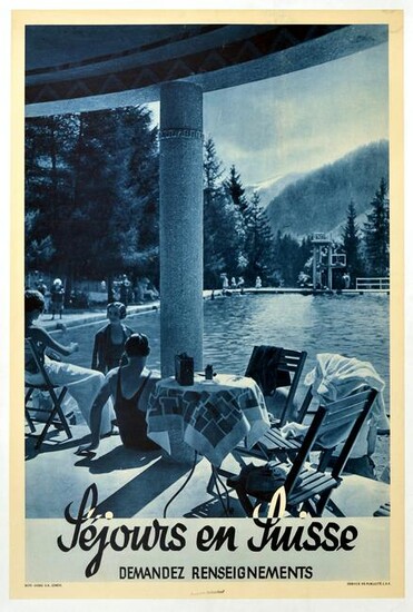 Travel Poster Sejours en Suisse Swimming Mountains