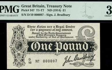 Treasury Series, John Bradbury, first issue £1, ND (7 August 1914), serial number D/10 000097,...