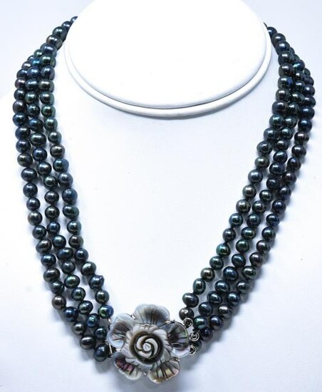 Triple Strand Black Baroque Pearl Necklace
