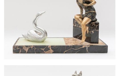 Two Art Deco table/mantle garnitures, with dog and swan detail...