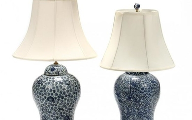 Two Chinese Blue and White Temple Jar Table Lamps