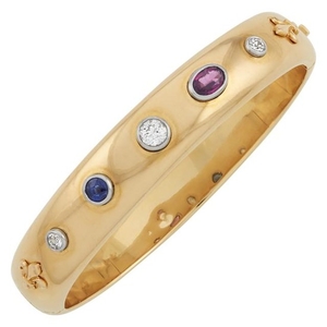 Two-Color Gold, Diamond, Sapphire and Rhodolite Garnet Fleur-de-Lys Bangle Bracelet, France