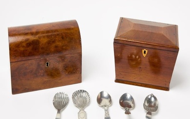 Two Small Lock Boxes with Five Silver Spoons