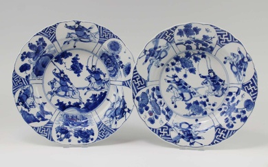 Two blue and white deep dishes with warrior scenes