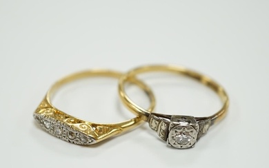 Two early to mid 20th century 18ct, plat and diamond set rin...
