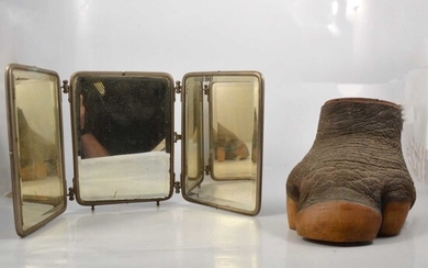 Two-fold nickel-plated campaign mirror, and an elephant's foot vase.