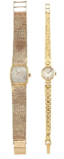 Two lady's gold wristwatches, the first an...