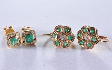 Two pairs of 18k yellow gold, diamond and emerald