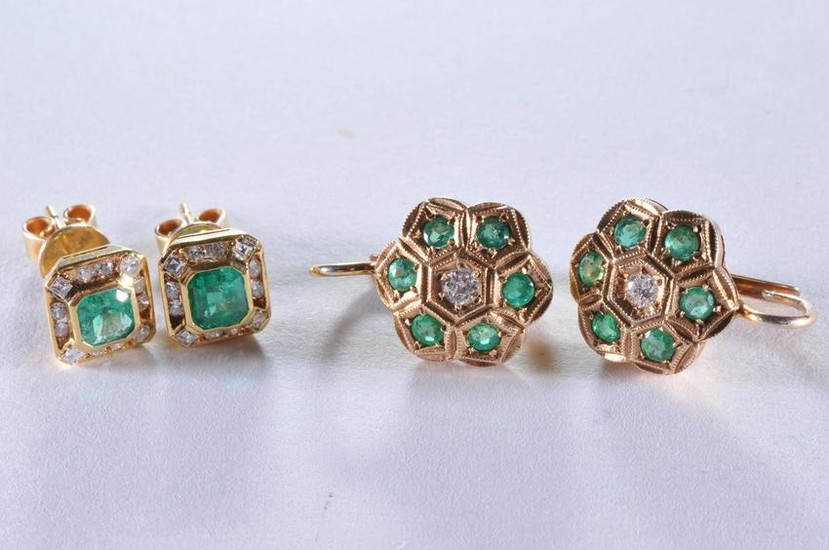 Two pairs of 18k yellow gold, diamond and emerald