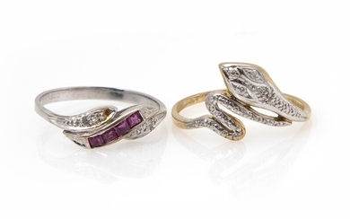 SOLD. Two rings one set with diamonds, mounted in partly rhodium plated 14k gold. And a ring set with rubies and diamonds, moutned in 18k white gold. (2) – Bruun Rasmussen Auctioneers of Fine Art