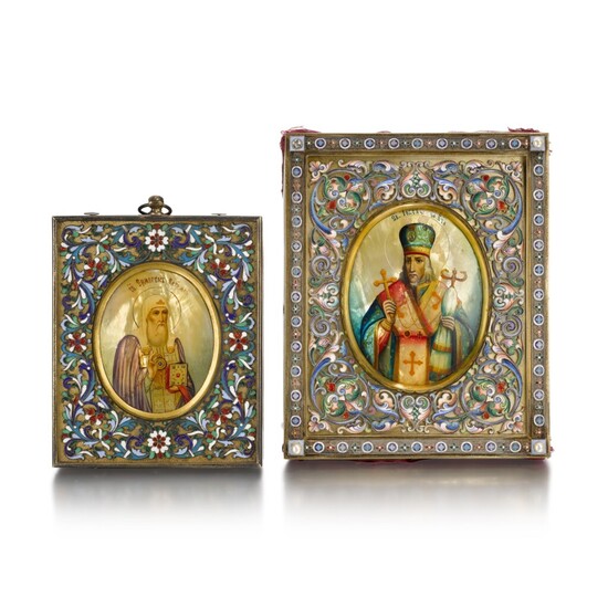 Two silver-gilt, cloisonné enamel and mother of pearl icons of St Joasaph and Bishop St Ermogen, maker in Cyrillic 'DG', Moscow, 1908-1917 , Two silver-gilt, cloisonné enamel and mother of pearl icons of St Joasaph and Bishop St Ermogen, maker in...