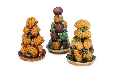 Two similar Chinese sancai-glazed biscuit porcelain fruit towers