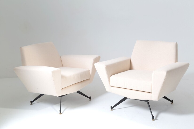 Two wooden beige armchairs. LEVI. 1950s