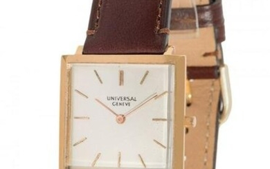 UNIVERSAL GENEVE watch in yellow gold. Square case, white dial with dotted numerals, sword hands.