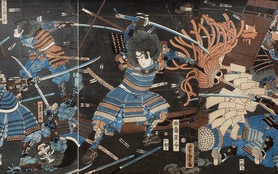 Utagawa Yoshitora (1836-1880) Japanese, 19th Century woodblock print triptych, 'Study...