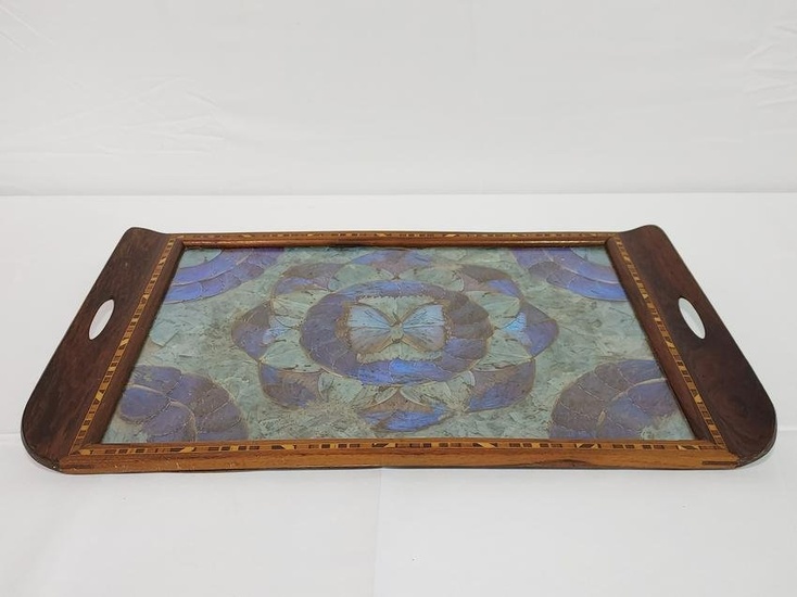VICTORIAN PARQUETRY INLAID BUTTERFLY WING TRAY