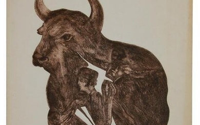 VINTAGE ABSTRACT ART ETCHING BULL WITH MATADOR