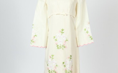 VINTAGE WHITE GOWN WITH EMPIRE WAIST, DETAILED PINK EMBROIDERED FLORAL...
