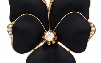 Victorian Diamond, Enamel, Gold Mourning Brooch