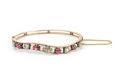 Victorian Rose Cut Diamond, Ruby and Pearl Bangle Bracelet