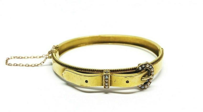 Victorian Yellow Gold Seed Pearl Buckle Bangle Bracelet