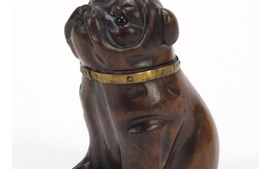 Victorian carved treen Pug dog design inkwell with glass col...