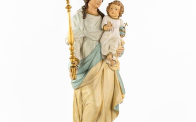 Vierge à l'enfant" en bois sculpté et patiné. XIXème siècle. Dimensions : (L:19 x L:28...
