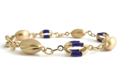 Vintage Blue Enamel UnoAerre Bead Chain Link Bracelet 18K Yellow Gold, 15.3 Gram