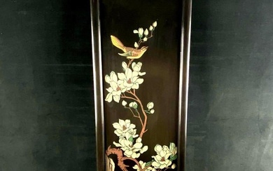 Vintage Chinese Signed Black Lacquer Hand Painted Carved Bird Wall Panel #1