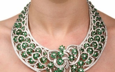 Vintage Diamond Emerald 18K Gold Collar Necklace