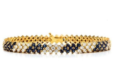 Vintage Retro Diamond Blue Sapphire 18K Yellow Gold Cluster Link Bracelet