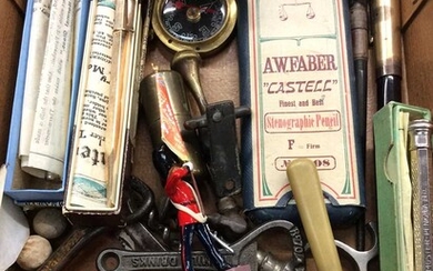 Vintage pens and pencils, two lighters, Stanley London brass compass, bottle opens and screws, Britain lead soldier and other items