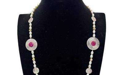 WF 14k Yellow Gold Freshwater Pearl and Rose Quartz Necklace