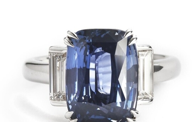 SOLD. WIN: A sapphire and diamond ring set with a cushion-cut natural sapphire weighing app. 7.53 ct. flanked by diamonds mounted in 18k white gold. Two reports. – Bruun Rasmussen Auctioneers of Fine Art