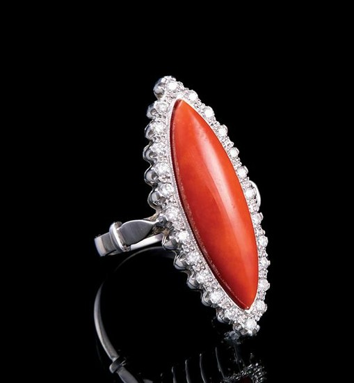 White Gold, Coral and Diamond Ring