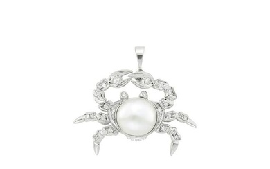 White Gold, Cultured Pearl and Diamond Crab Pendant-Brooch