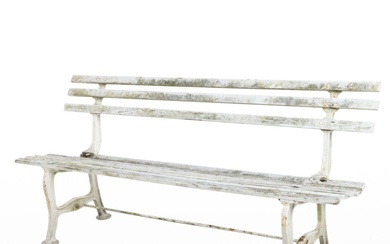 White-Painted Cast Iron and Slatted Wood Garden Bench, 20th Century