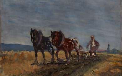 Wilhelm Höhnel, Austrian 1872-1941 - Ploughing with two horses; oil...