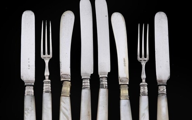 Y SEVEN SILVER DESSERT KNIVES AND EIGHT FORKS, WILLIAM HUTTON & SONS LTD