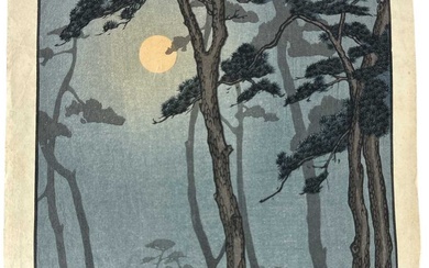 YOSHIJIRO URUSHIBARA (1888-1953); a Japanese woodcut print, 'Trees in Moonlight',...