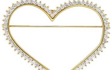 Yellow Gold Heart Shape Brooch Features Diamonds